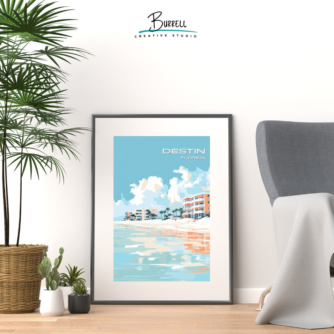 Destin Florida Crystal Sands Beach Travel Poster & Wall Art Poster Print