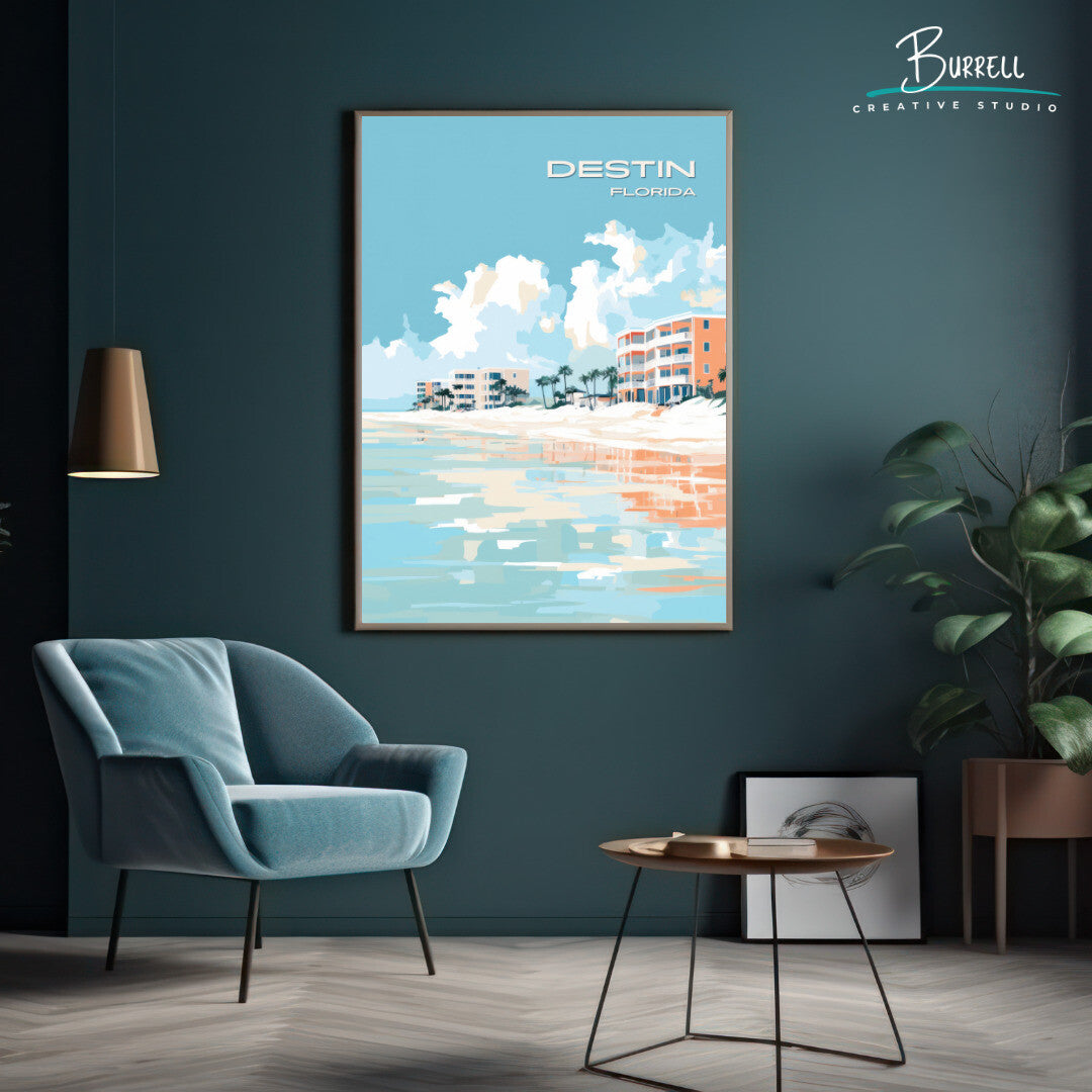 Destin Florida Crystal Sands Beach Travel Poster & Wall Art Poster Print
