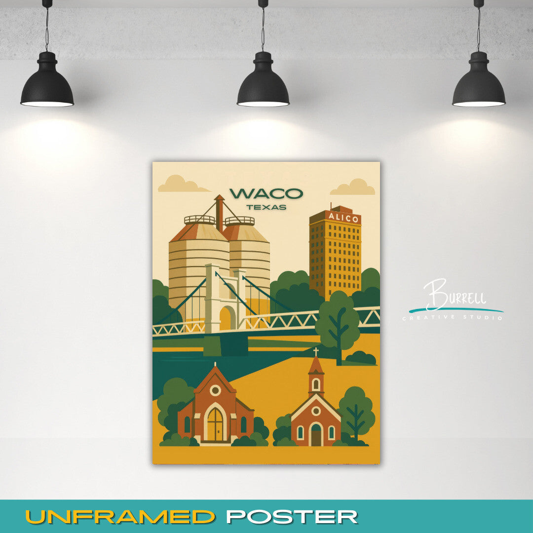Waco Texas Unique Attractions Travel Poster & Wall Art Poster Print