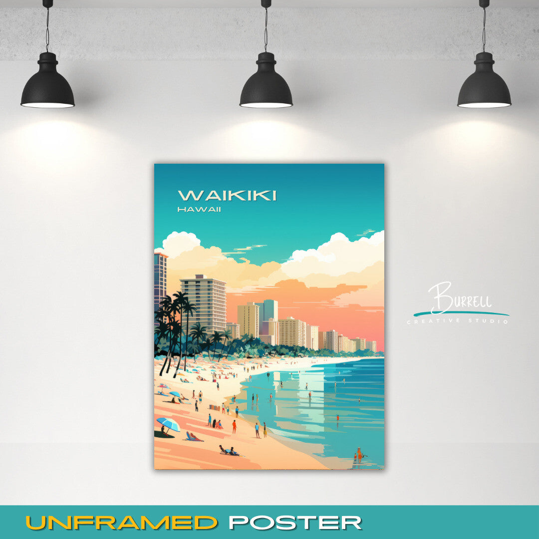 Waikiki Hawaii Beach View Travel Poster & Wall Art Poster Print