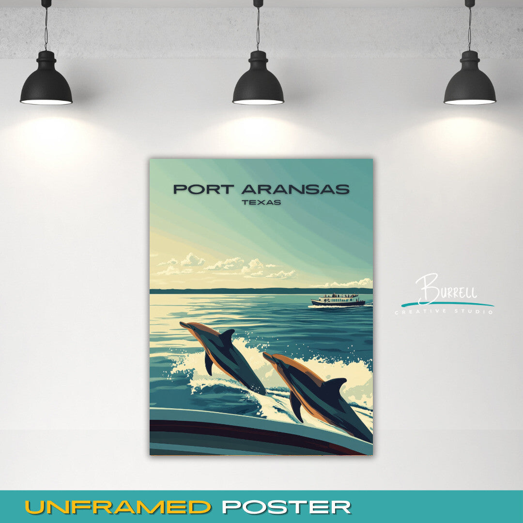 Port Aransas Texas Dolphin Watching Travel Poster & Wall Art Poster Print
