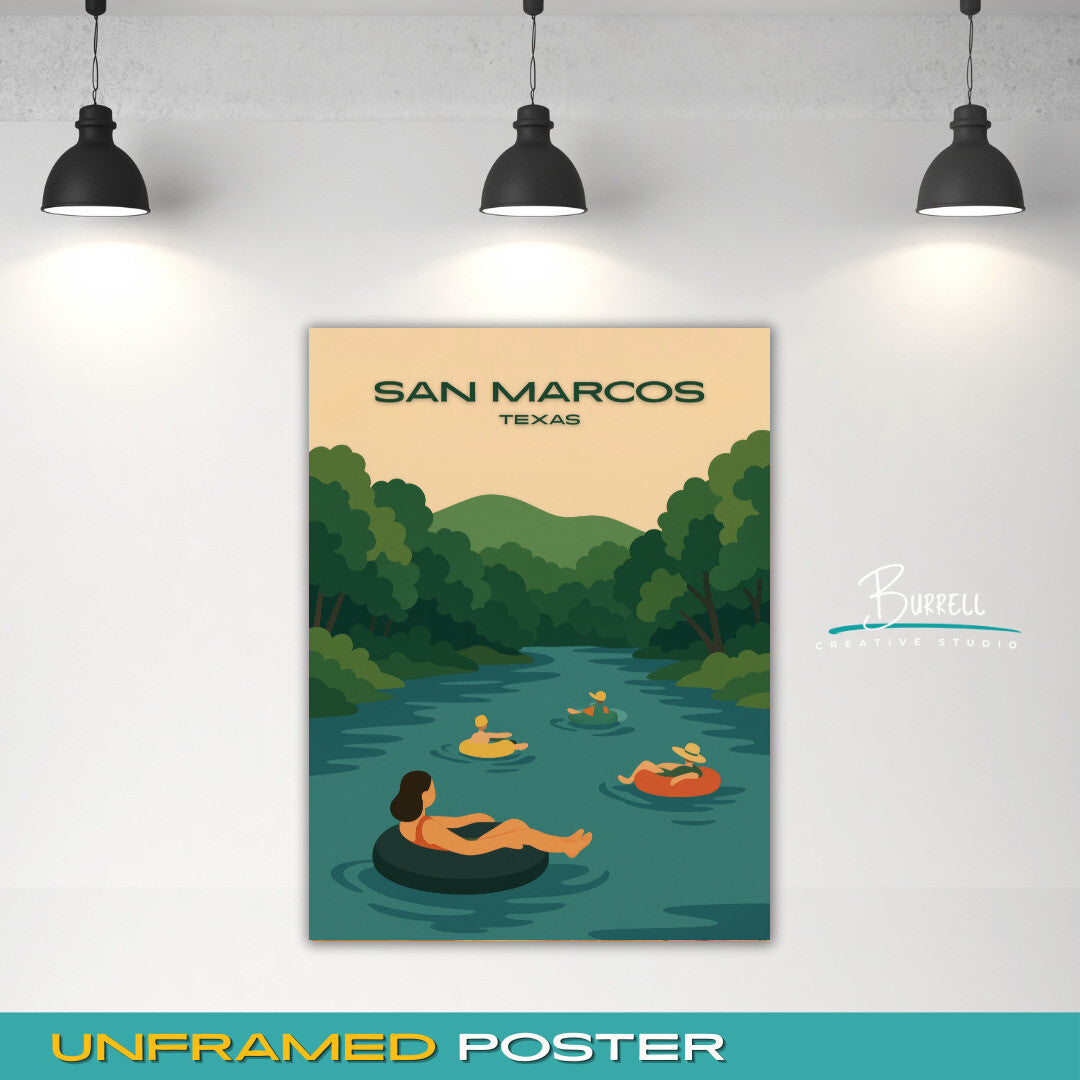 San Marcos Texas River Tubing Travel Poster & Wall Art Poster Print