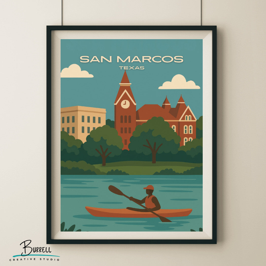 San Marcos Texas Kayaking Travel Poster & Wall Art Poster Print