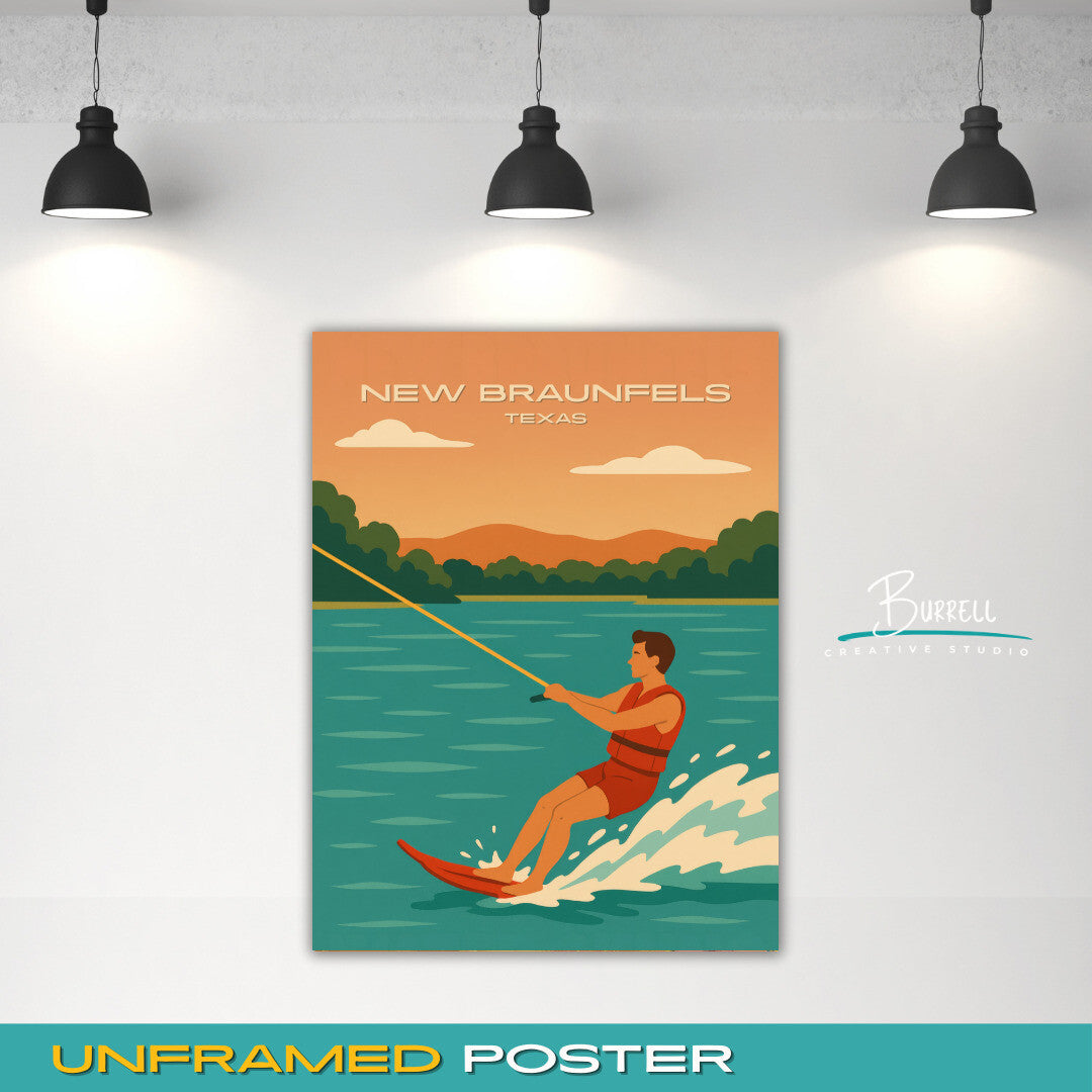 New Braunfels Texas Water Skiing Travel Poster & Wall Art Poster Print