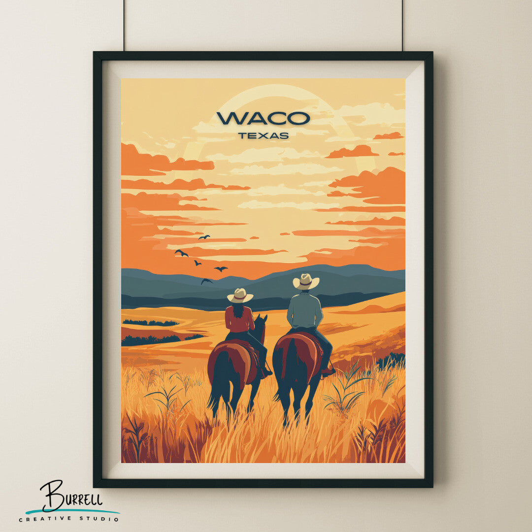 Waco Texas Brazos Bluff Ranch Horseback Riding Travel Poster & Wall Art Poster Print
