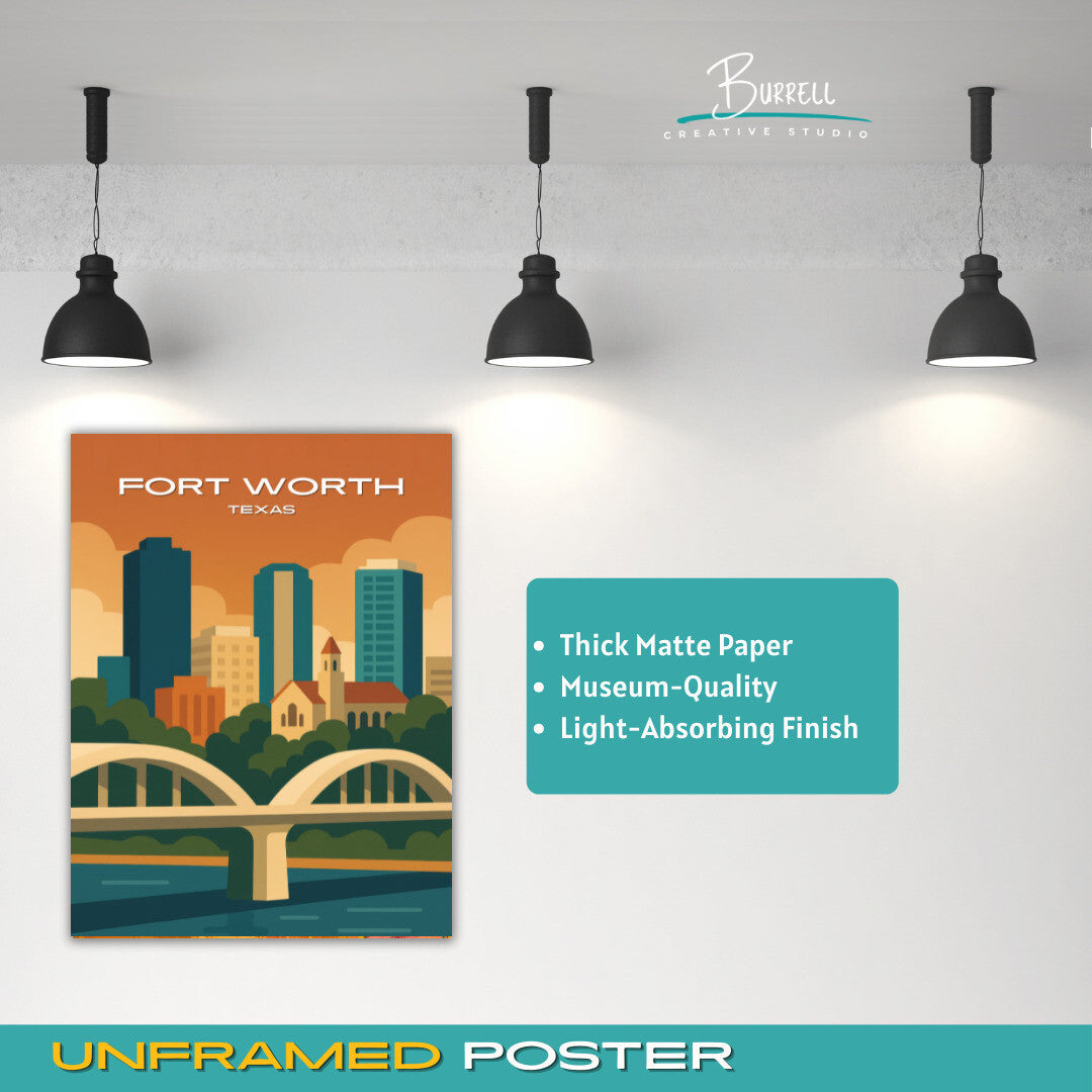 Fort Worth Texas Skyline Travel Poster & Wall Art Poster Print