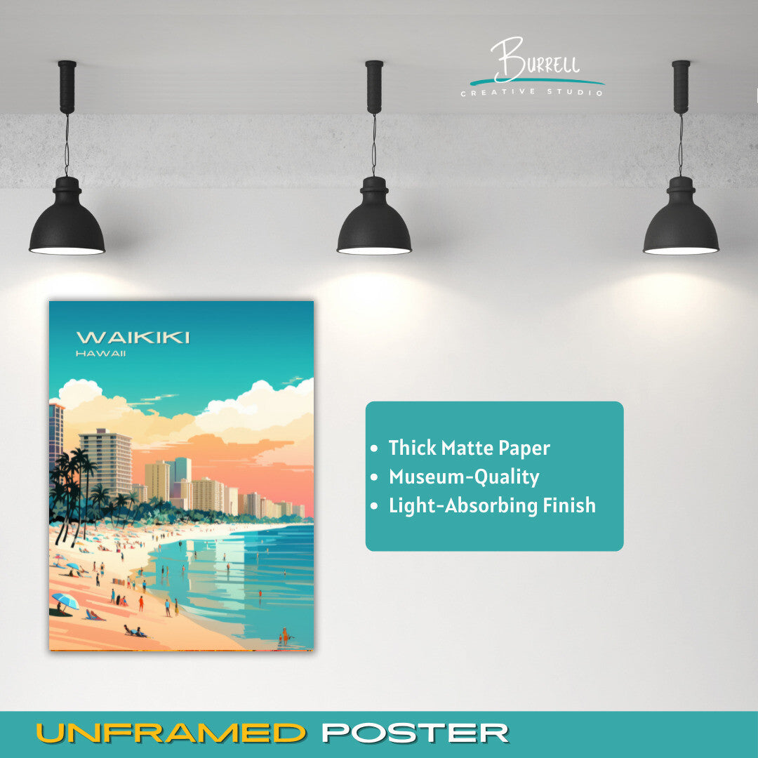 Waikiki Hawaii Beach View Travel Poster & Wall Art Poster Print
