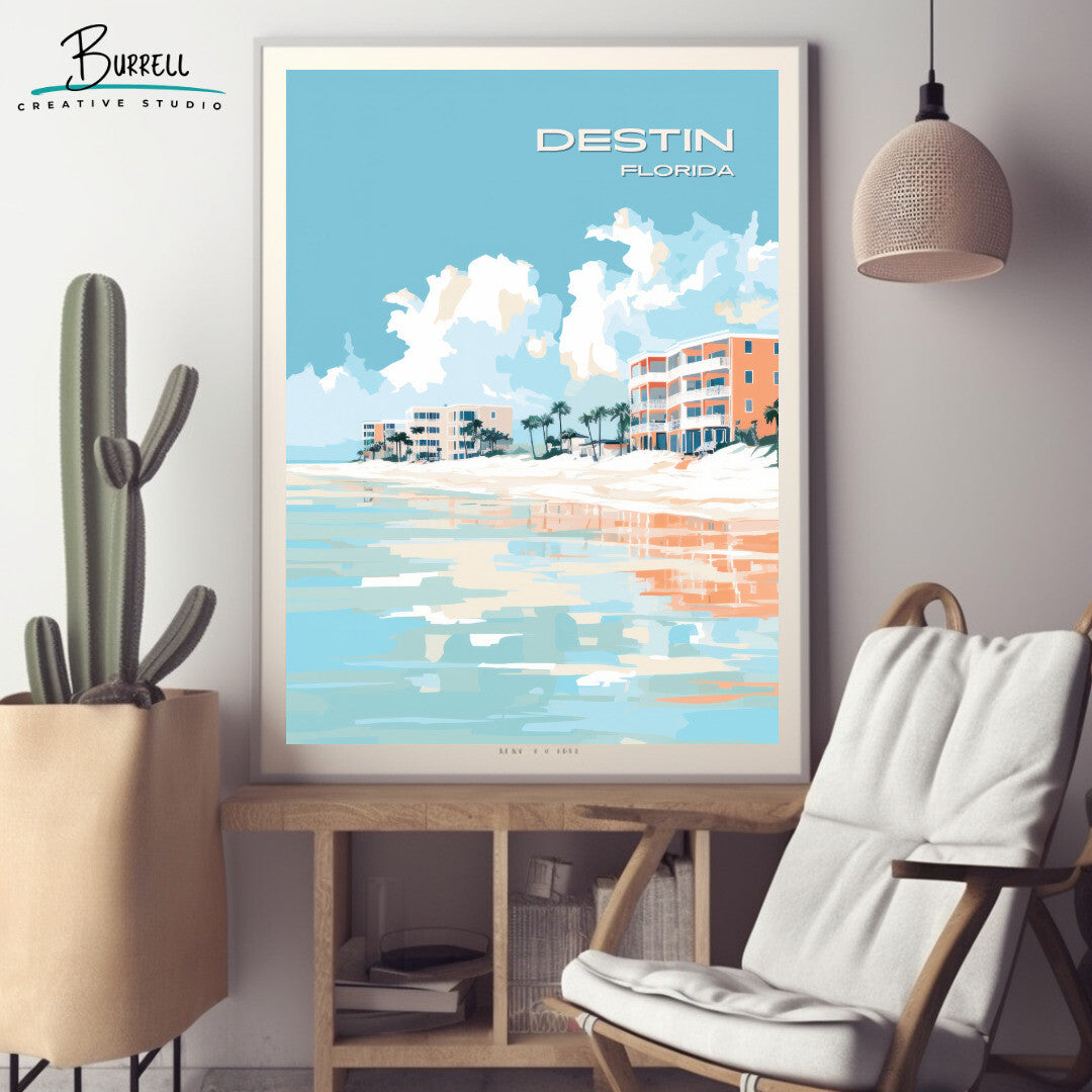 Destin Florida Crystal Sands Beach Travel Poster & Wall Art Poster Print