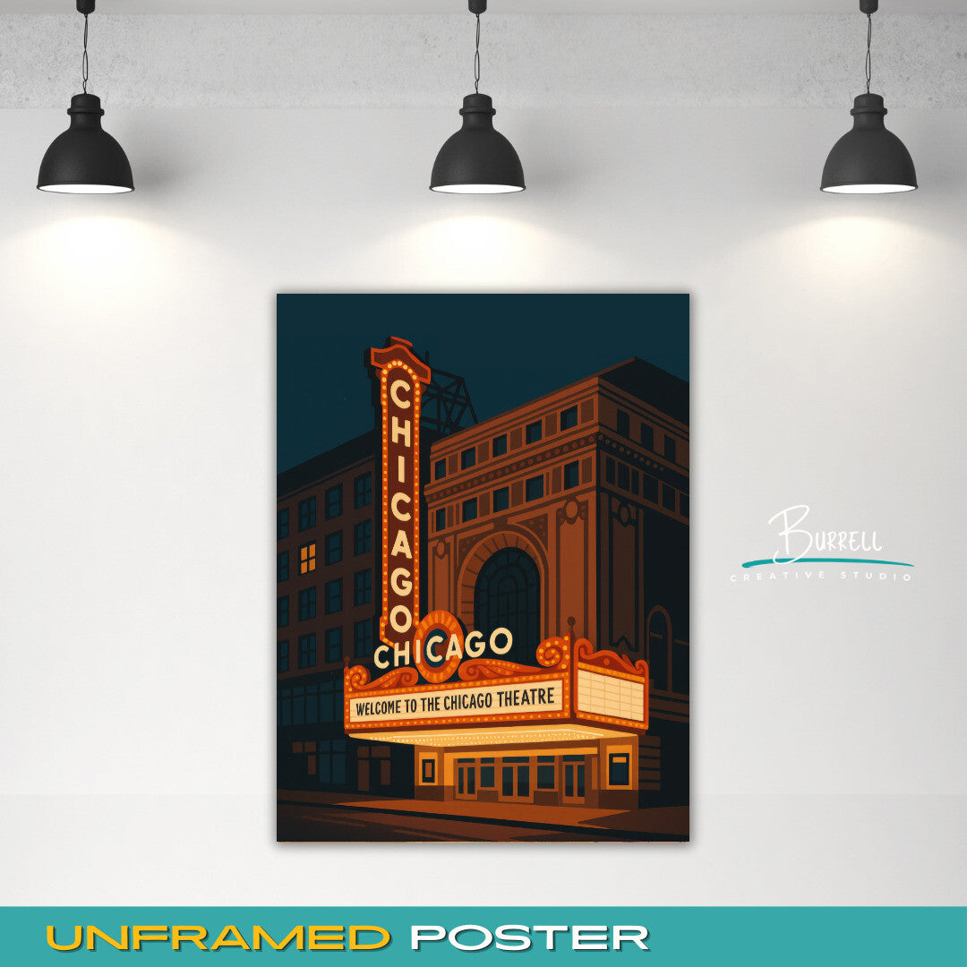 Chicago Illinois Theater Lights Travel Poster & Wall Art Poster Print