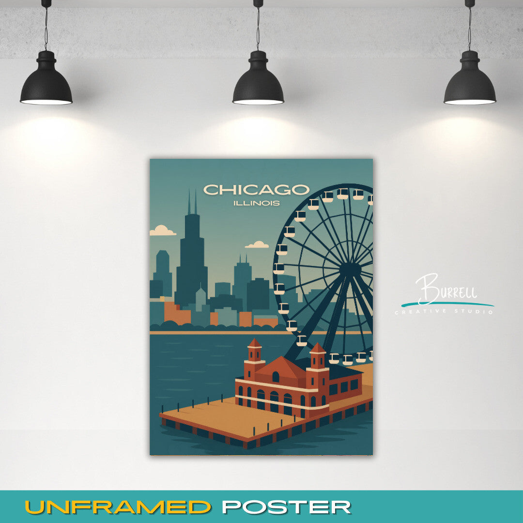 Chicago Illinois Navy Pier Aerial View Travel Poster & Wall Art Poster Print