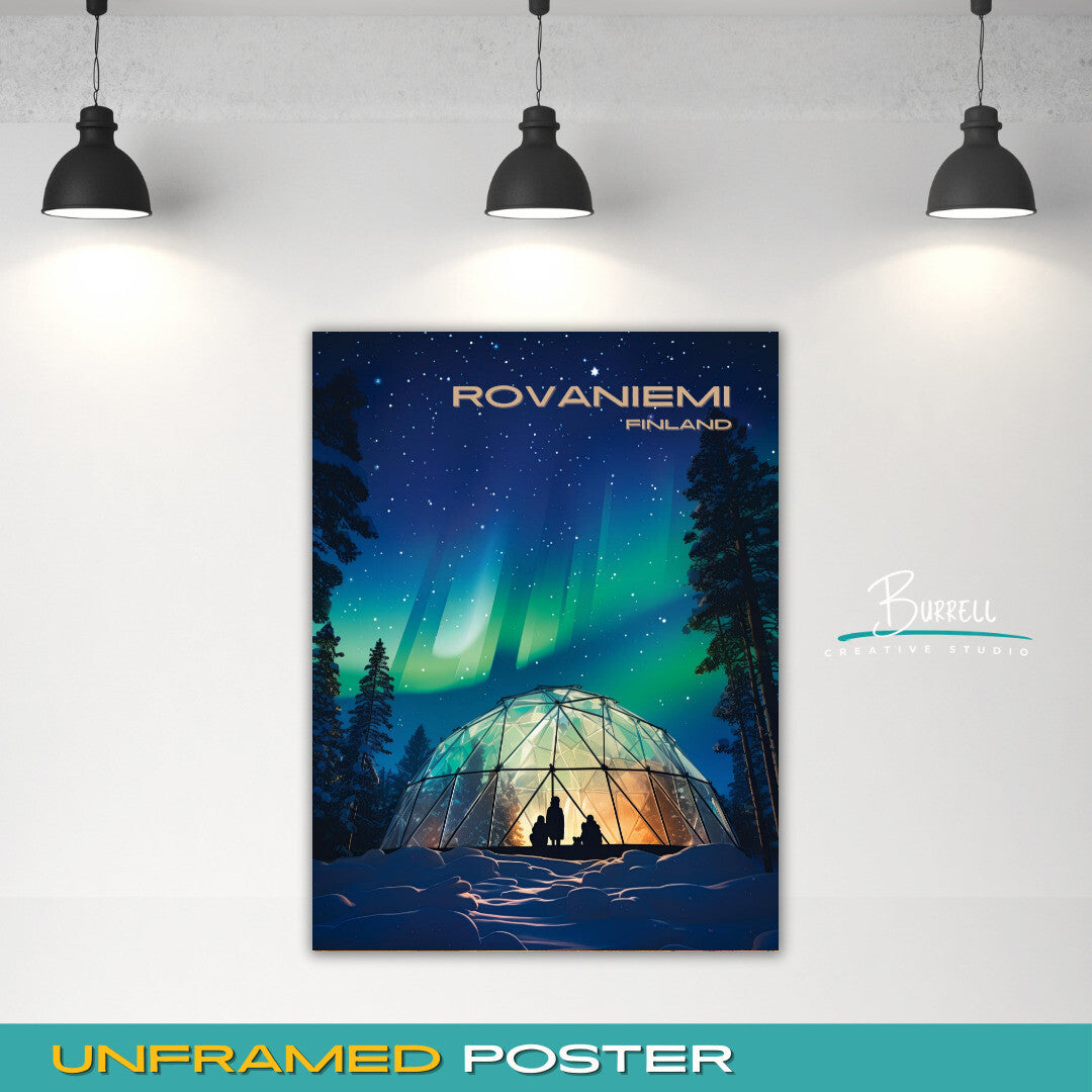 Rovaniemi Finland Northern Lights Travel Poster & Wall Art Poster Print