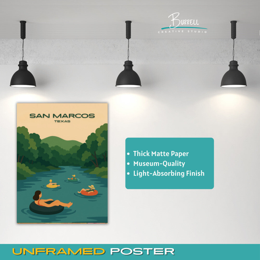 San Marcos Texas River Tubing Travel Poster & Wall Art Poster Print