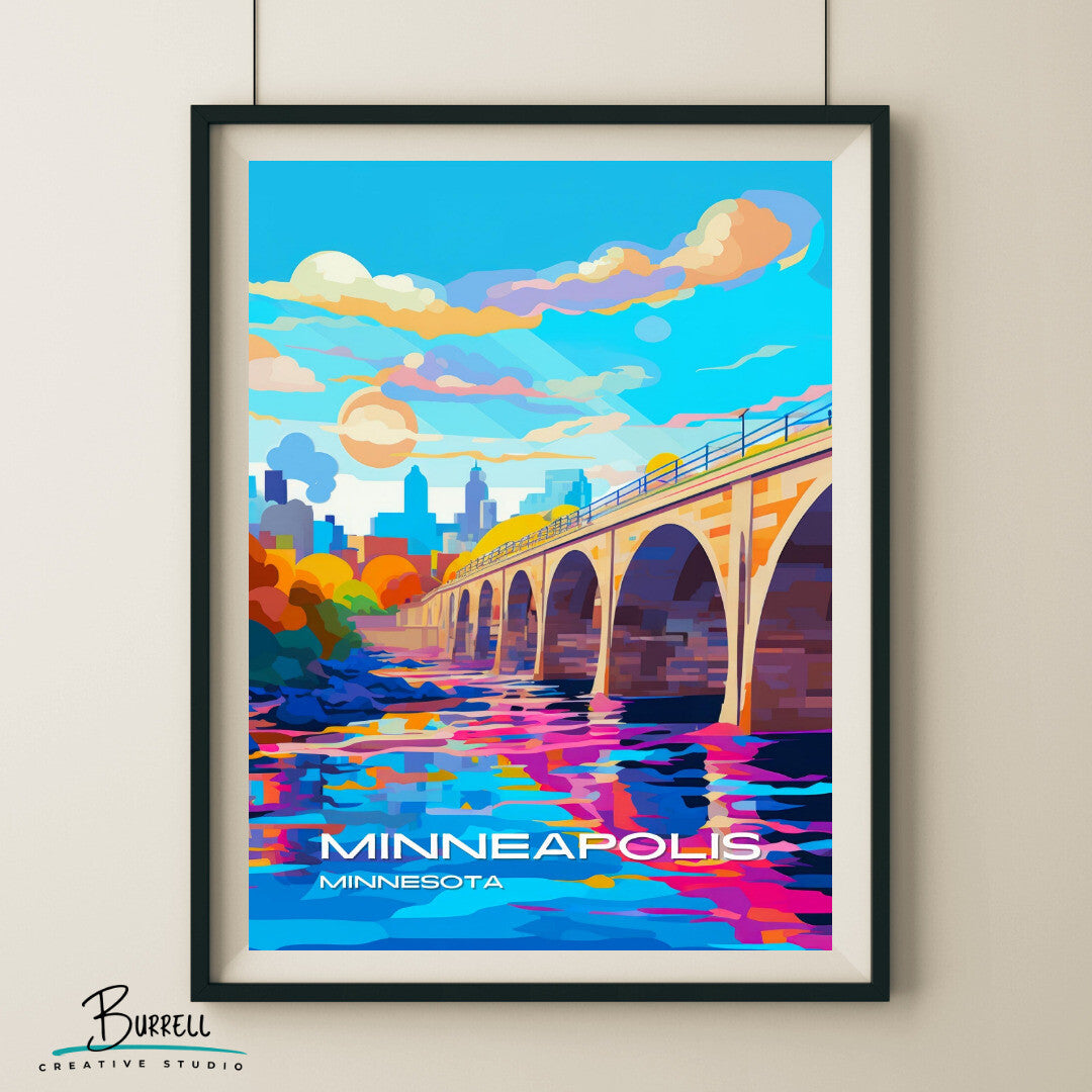 Minneapolis Minnesota Stone Arch Bridge Travel Poster & Wall Art