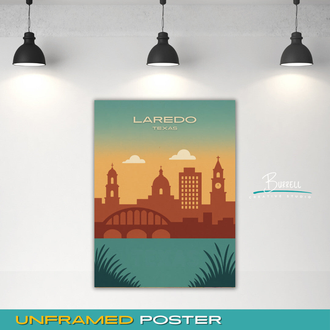 Laredo Texas City Skyline Travel Poster & Wall Art Poster Print
