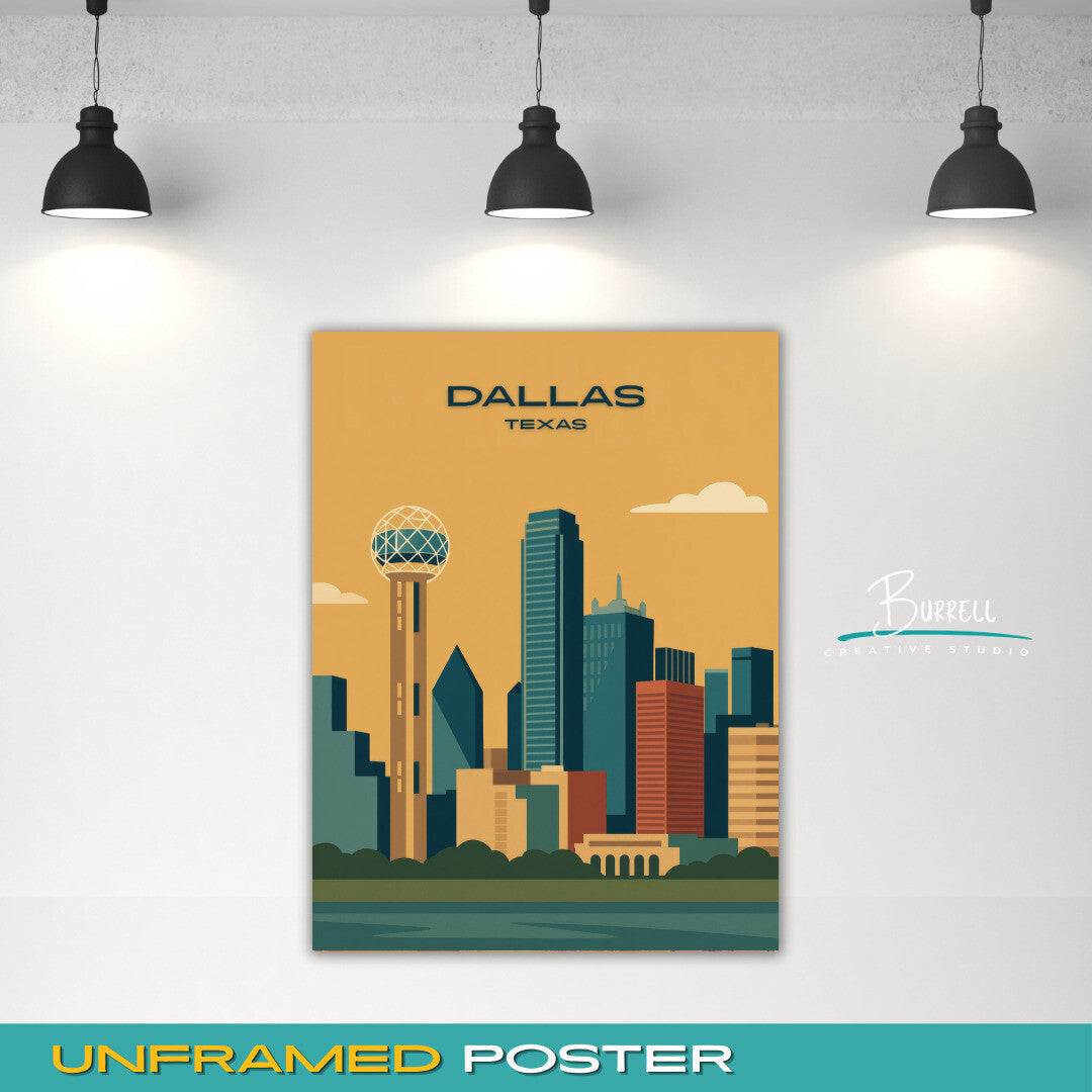 Dallas Texas Skyline Travel Poster & Wall Art Poster Print