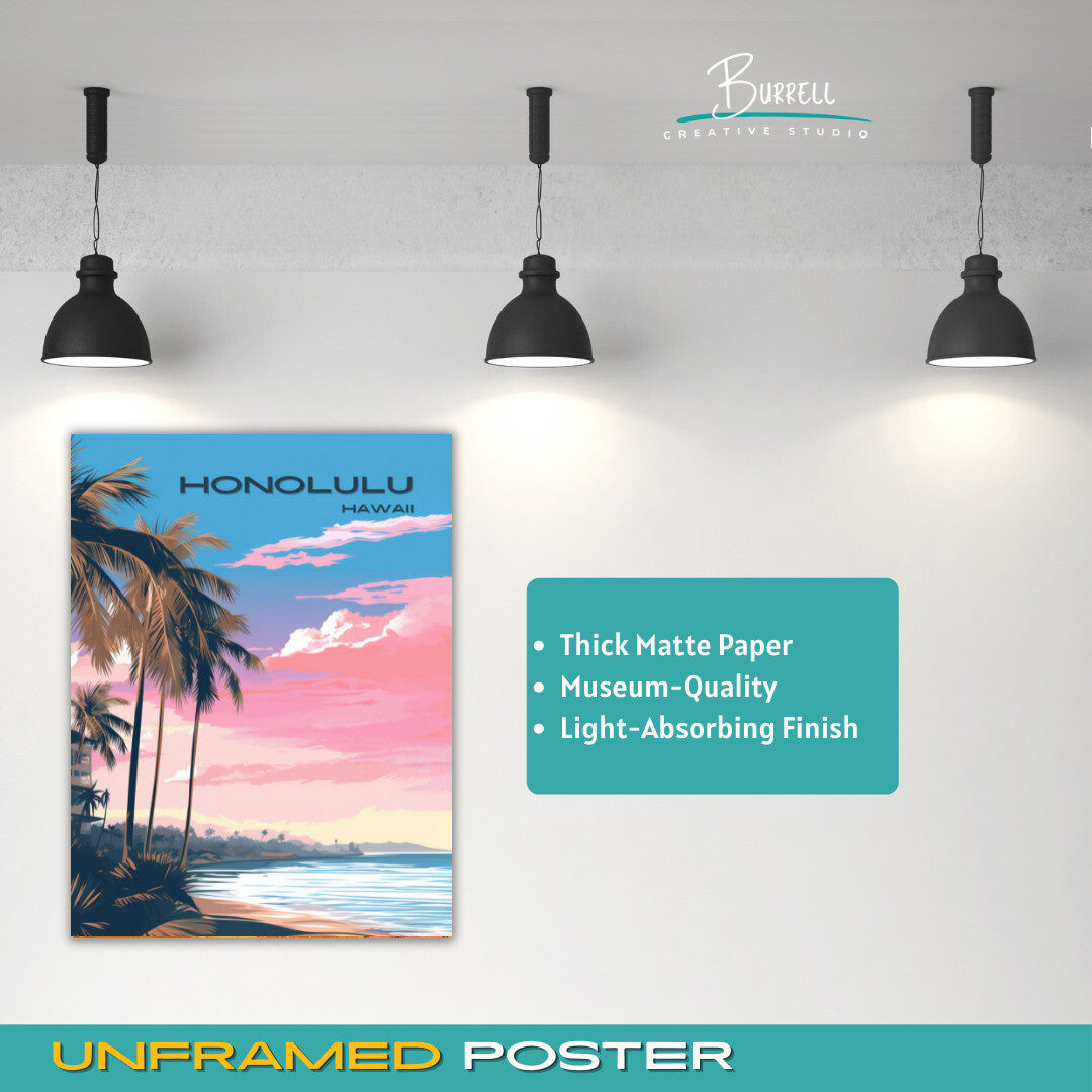 Honolulu Hawaii Beach View Travel Poster & Wall Art Poster Print