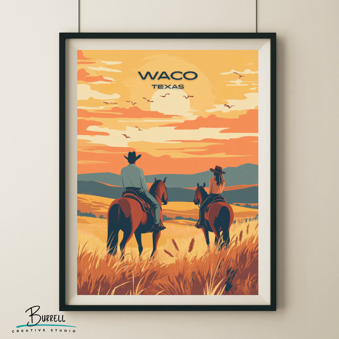 Waco Texas Sunset Horseback Riding Travel Poster & Wall Art Poster Print
