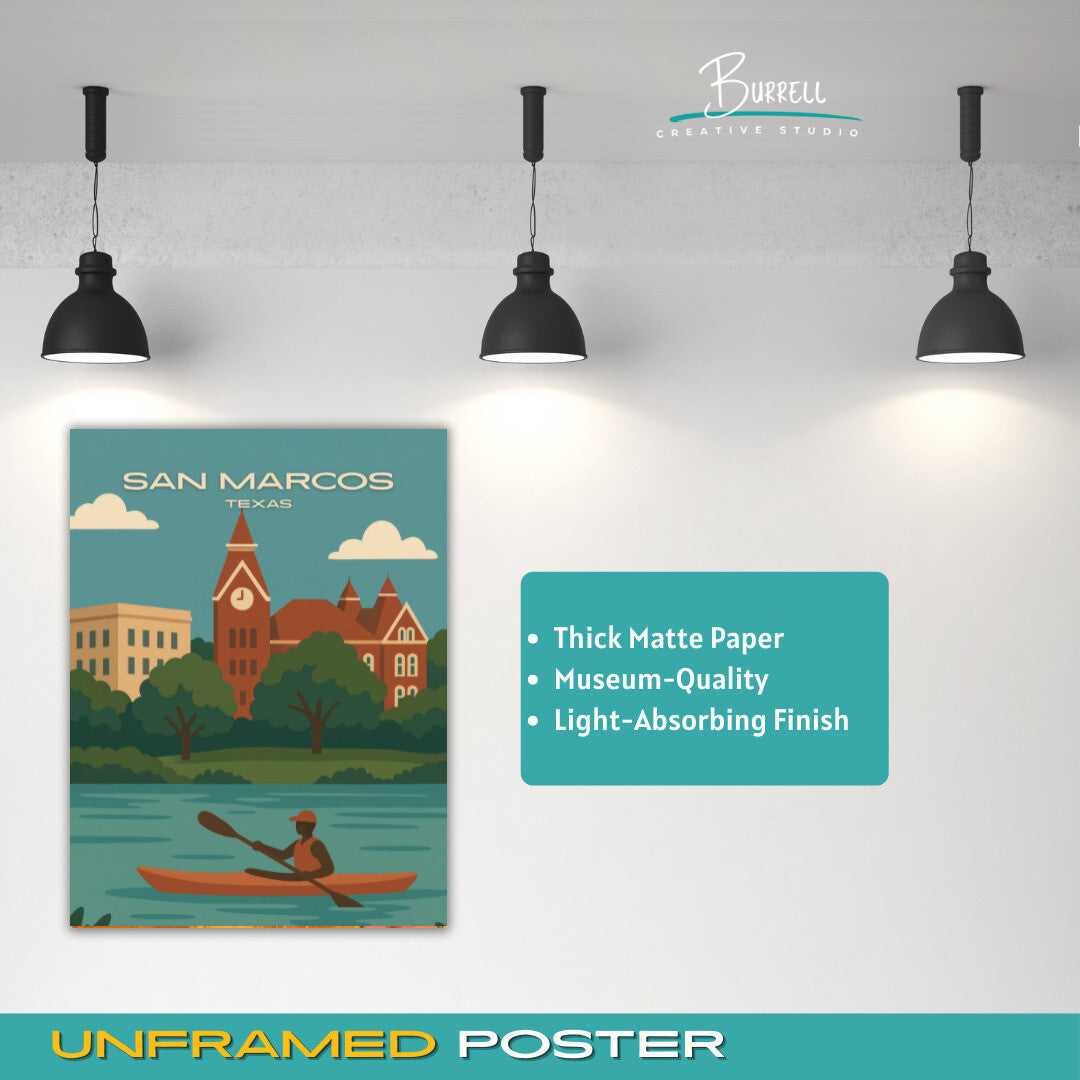 San Marcos Texas Kayaking Travel Poster & Wall Art Poster Print