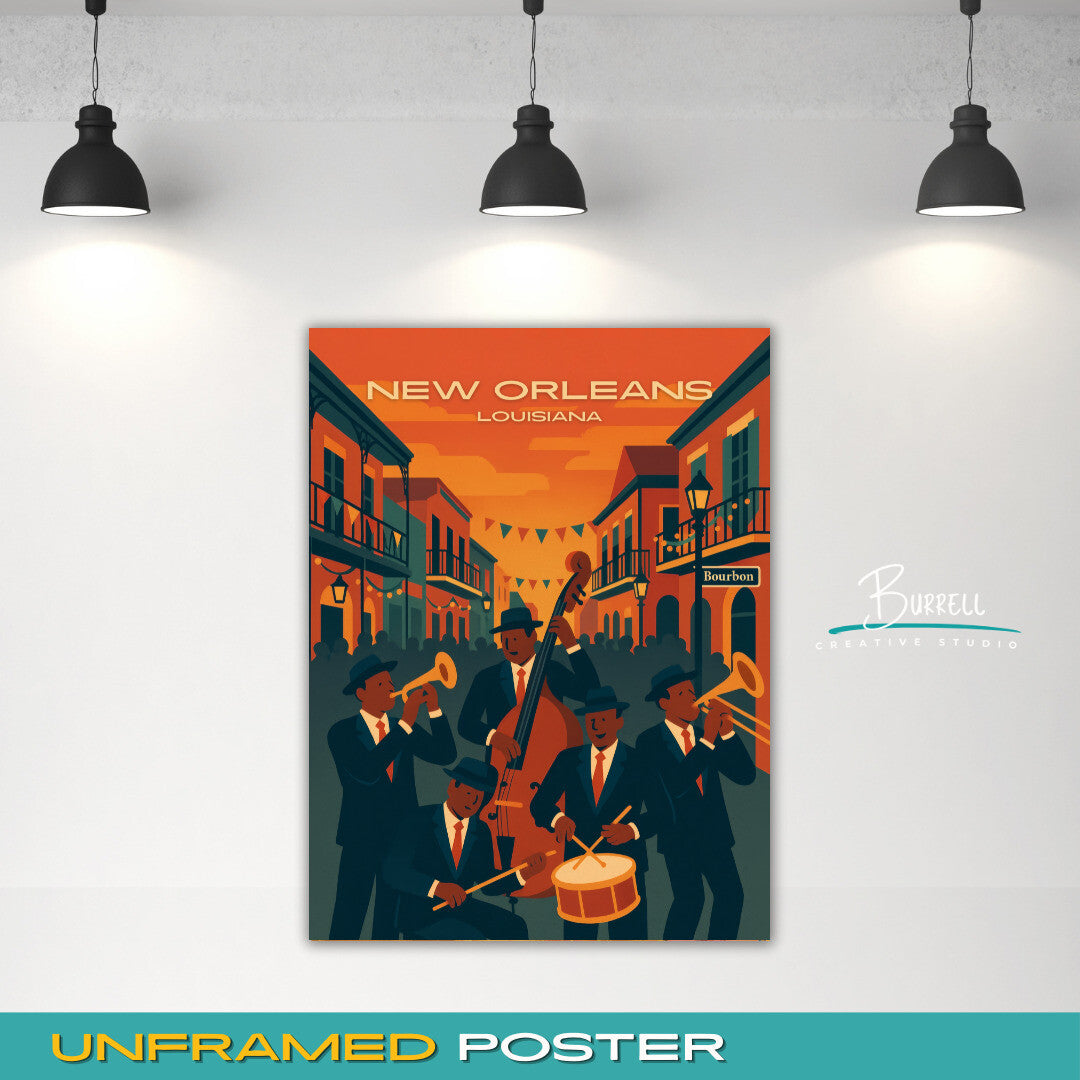 New Orleans Louisiana Bourbon Street Jazz Travel Poster & Wall Art Poster Print