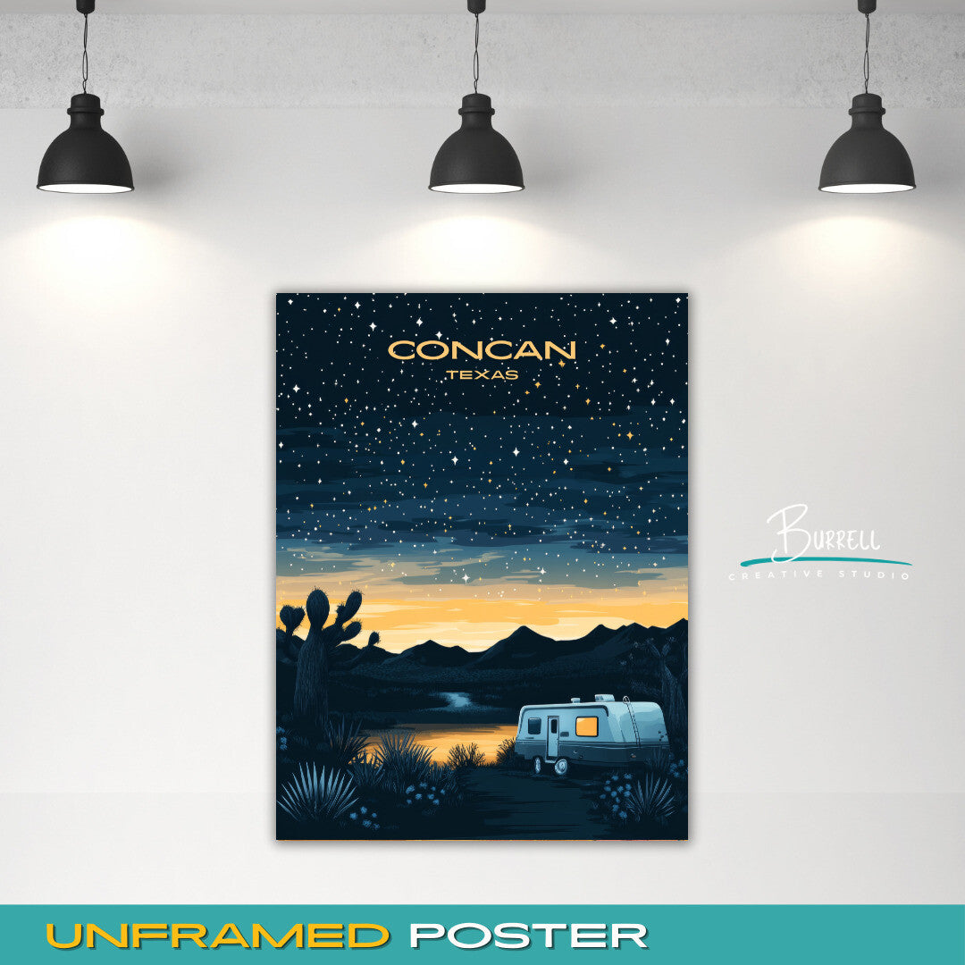 Concan Texas Nighttime Camping Travel Poster & Wall Art Poster Print