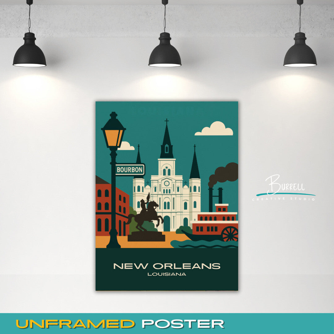 New Orleans Louisiana Unique Landmarks Travel Poster & Wall Art Poster Print