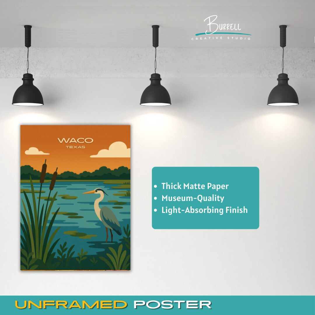 Waco Texas Lake Wetlands Travel Poster & Wall Art Poster Print