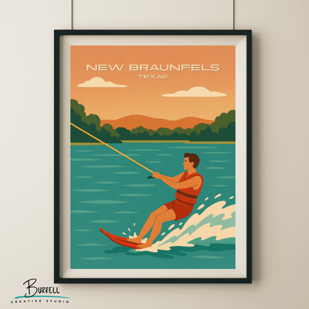 New Braunfels Texas Water Skiing Travel Poster & Wall Art Poster Print