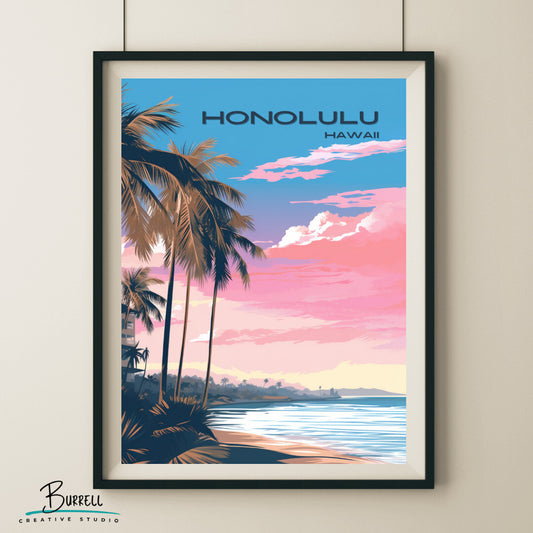 Honolulu Hawaii Beach View Travel Poster & Wall Art Poster Print