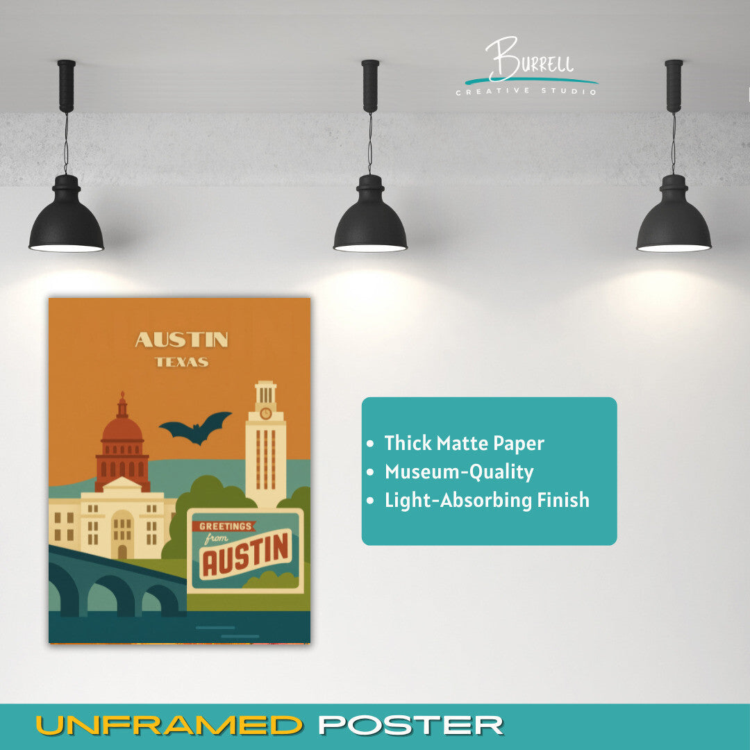 Austin Texas Unique Attractions Travel Poster & Wall Art Poster Print