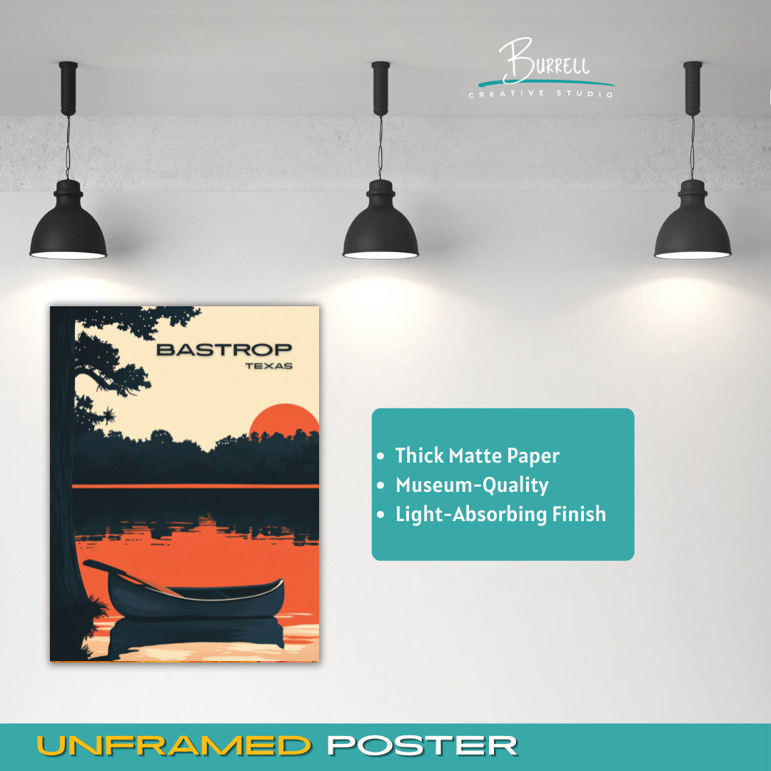 Bastrop Texas Lake Sunset Travel Poster & Wall Art Poster Print