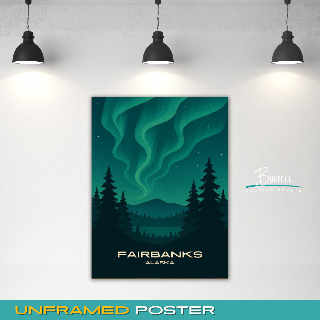 Fairbanks Alaska Winter Northern Lights Travel Poster & Wall Art Poster Print