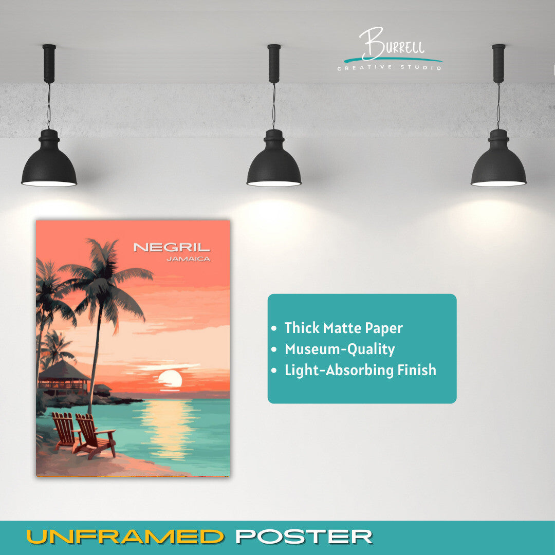Negril Jamaica Beach Sunset Travel Poster & Wall Art Poster Print
