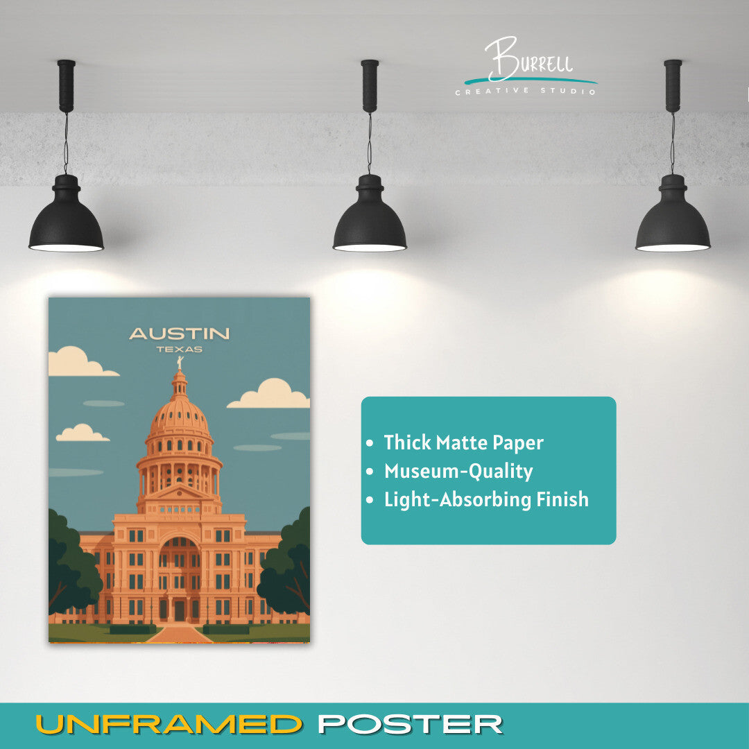 Austin Texas State Capitol Building Travel Poster & Wall Art Poster Print