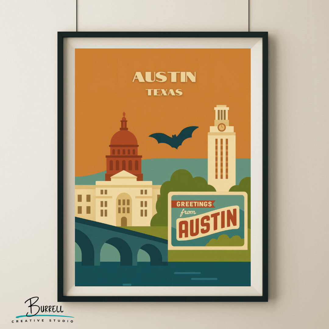 Austin Texas Unique Attractions Travel Poster & Wall Art Poster Print