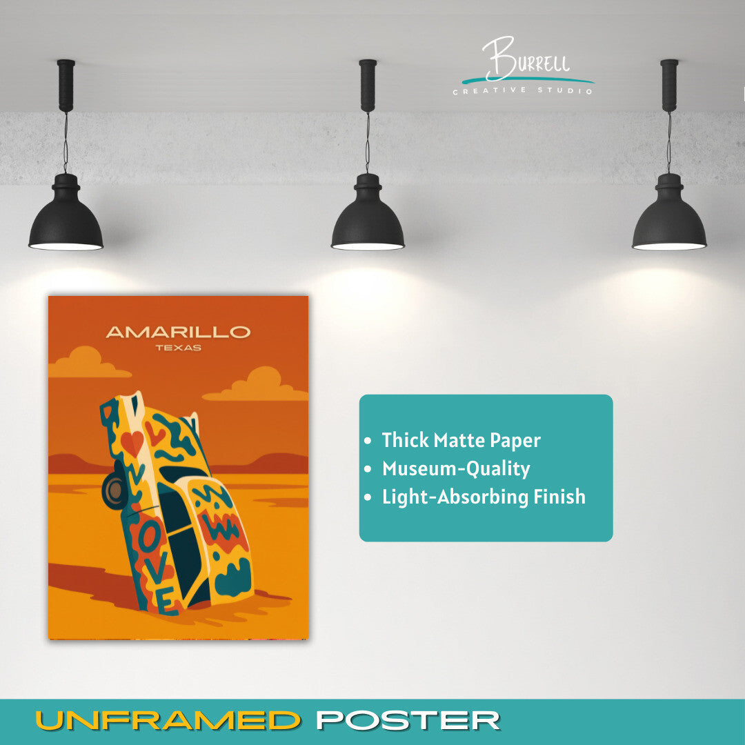 Amarillo Texas Cadillac Roadside Attraction Travel Poster & Wall Art Poster Print