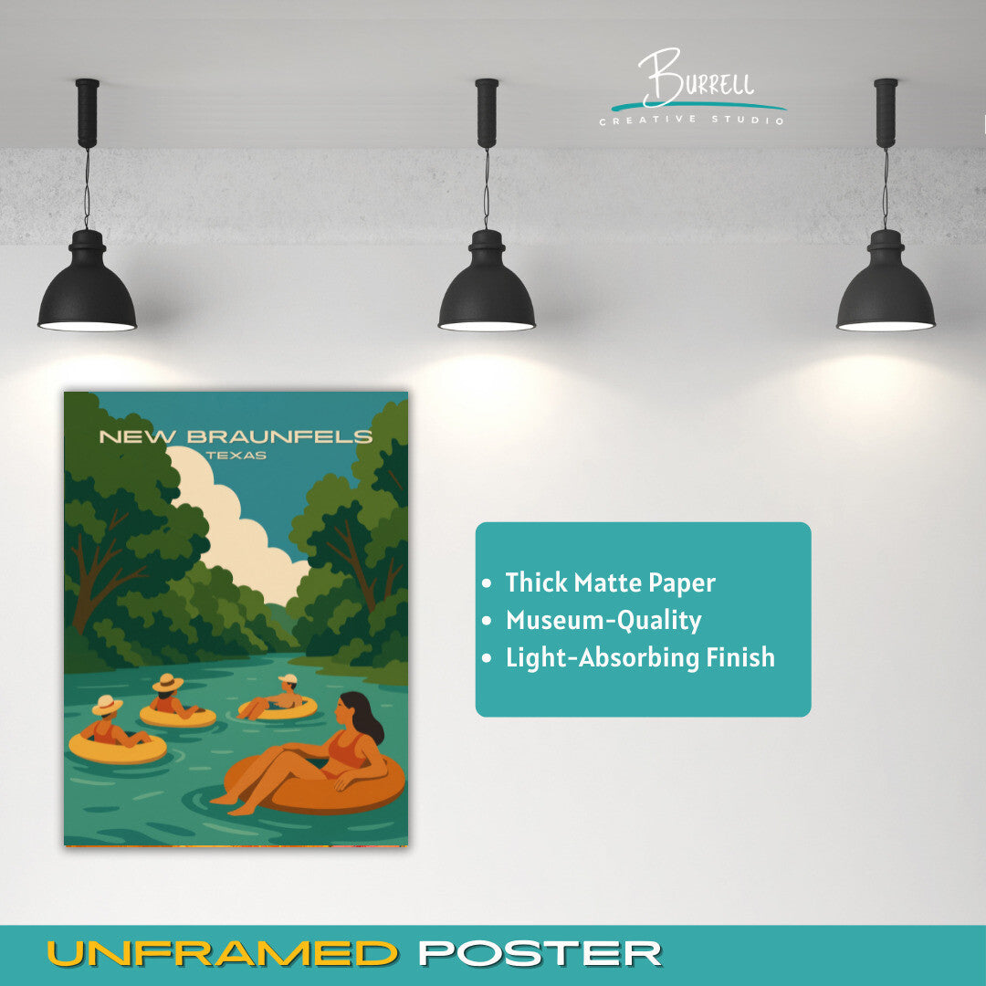 New Braunfels Texas River Tubing Travel Poster & Wall Art Poster Print