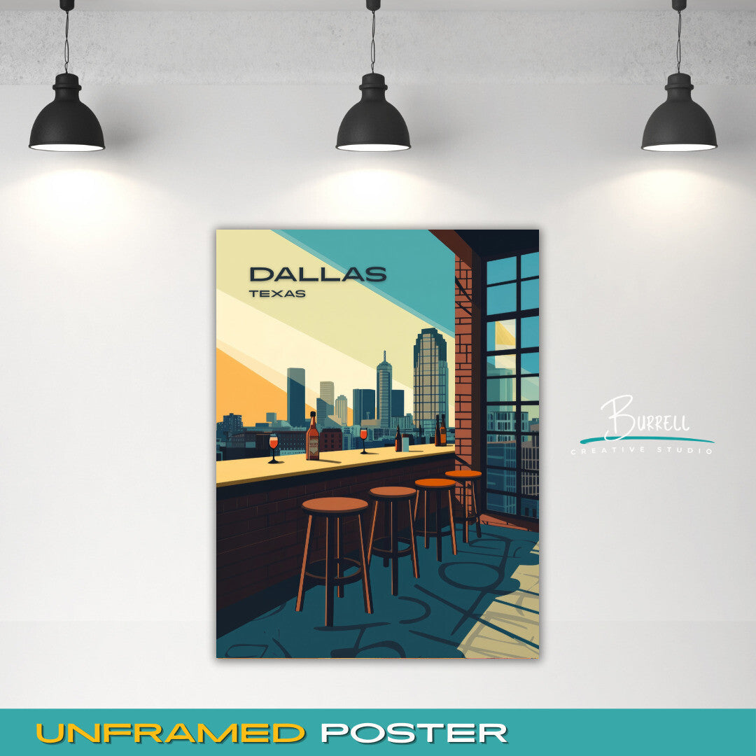Dallas Texas Rooftop Bar Travel Poster & Wall Art Poster Print