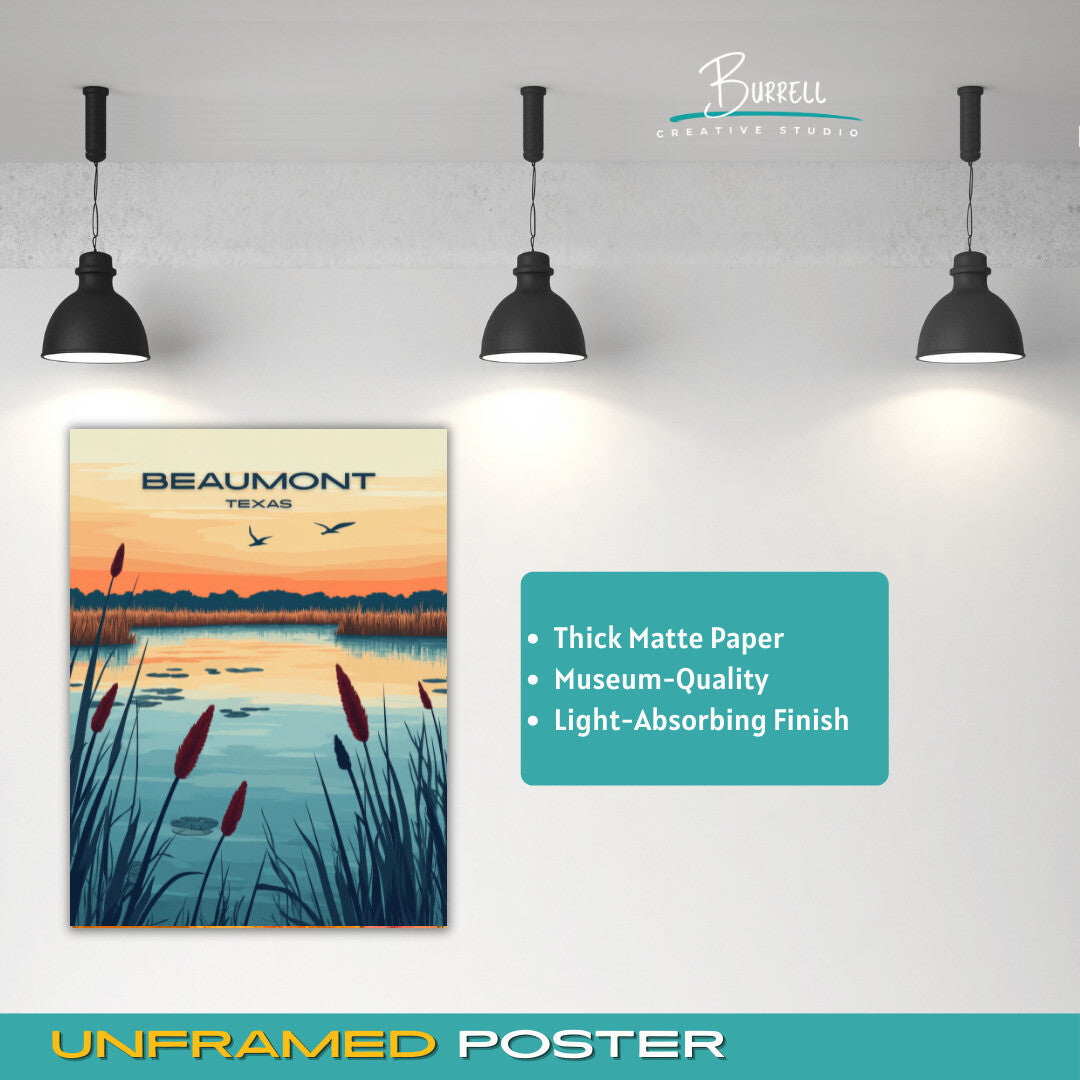 Beaumont Texas Cattail Marsh Sunset Travel Poster & Wall Art Poster Print