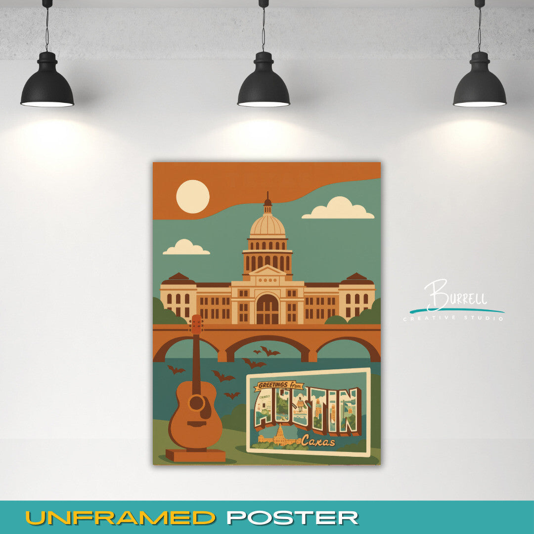 Austin Texas Iconic Landmarks Travel Poster & Wall Art Poster Print