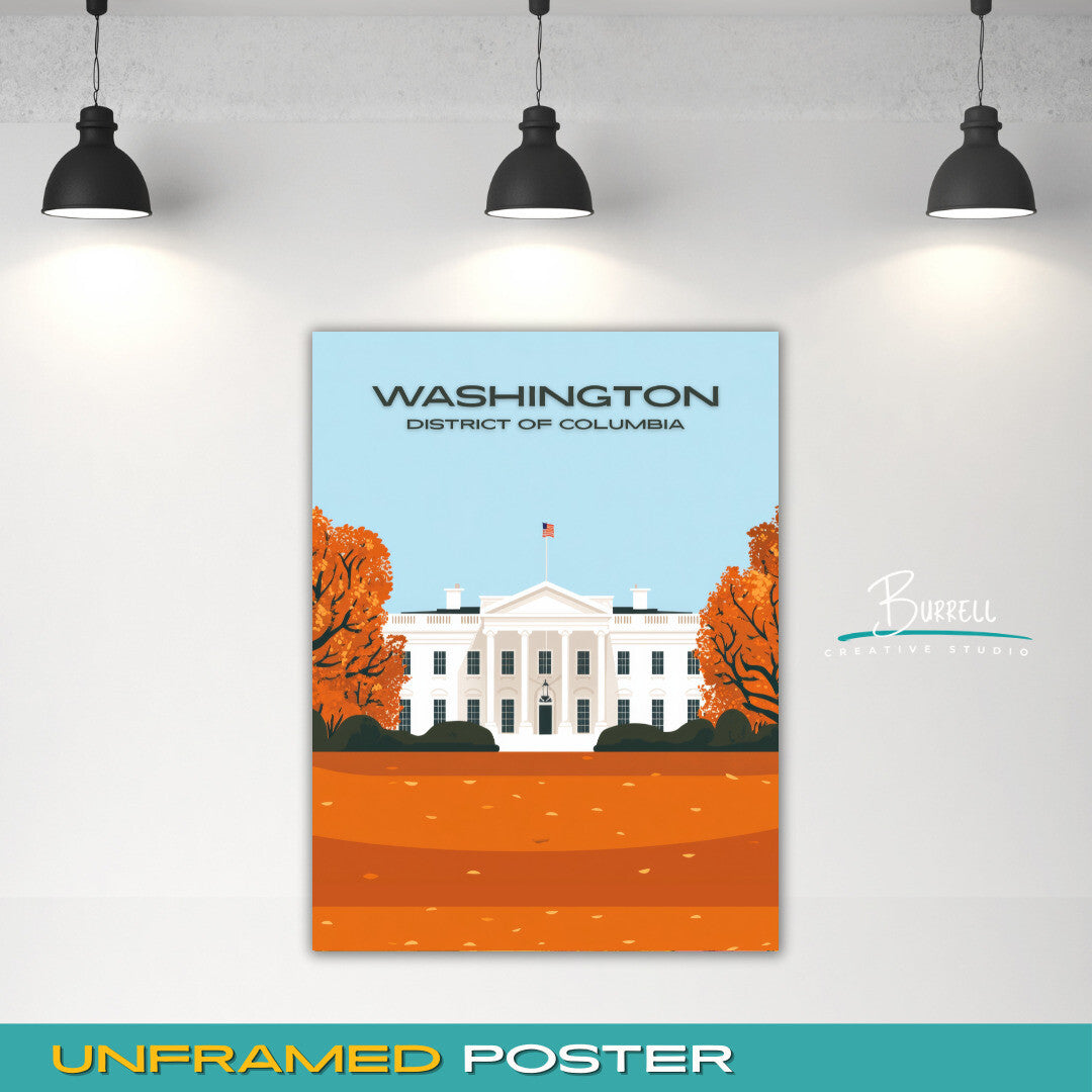 Washington District Of Columbia White House Autumn View Travel Poster & Wall Art Poster Print