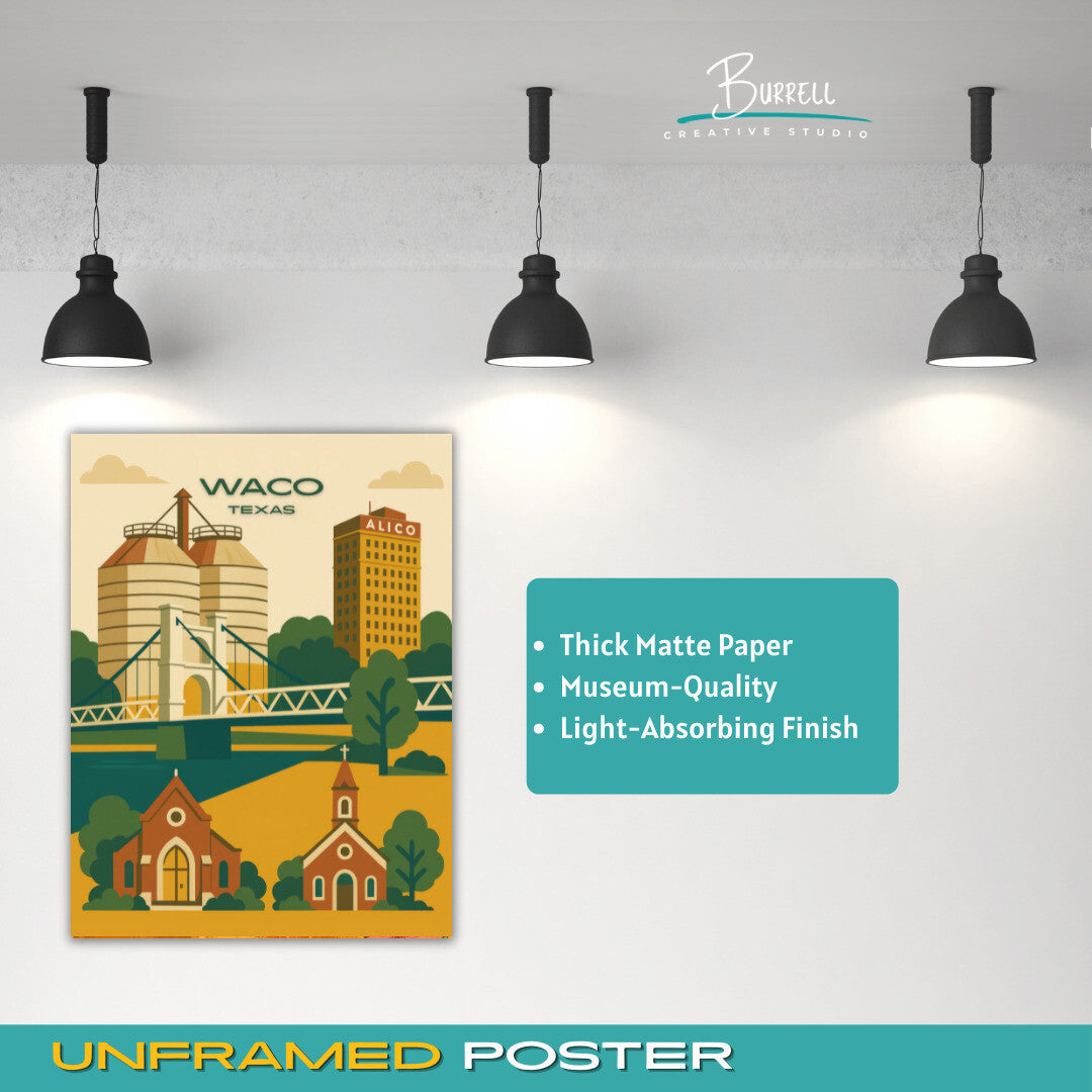 Waco Texas Unique Attractions Travel Poster & Wall Art Poster Print