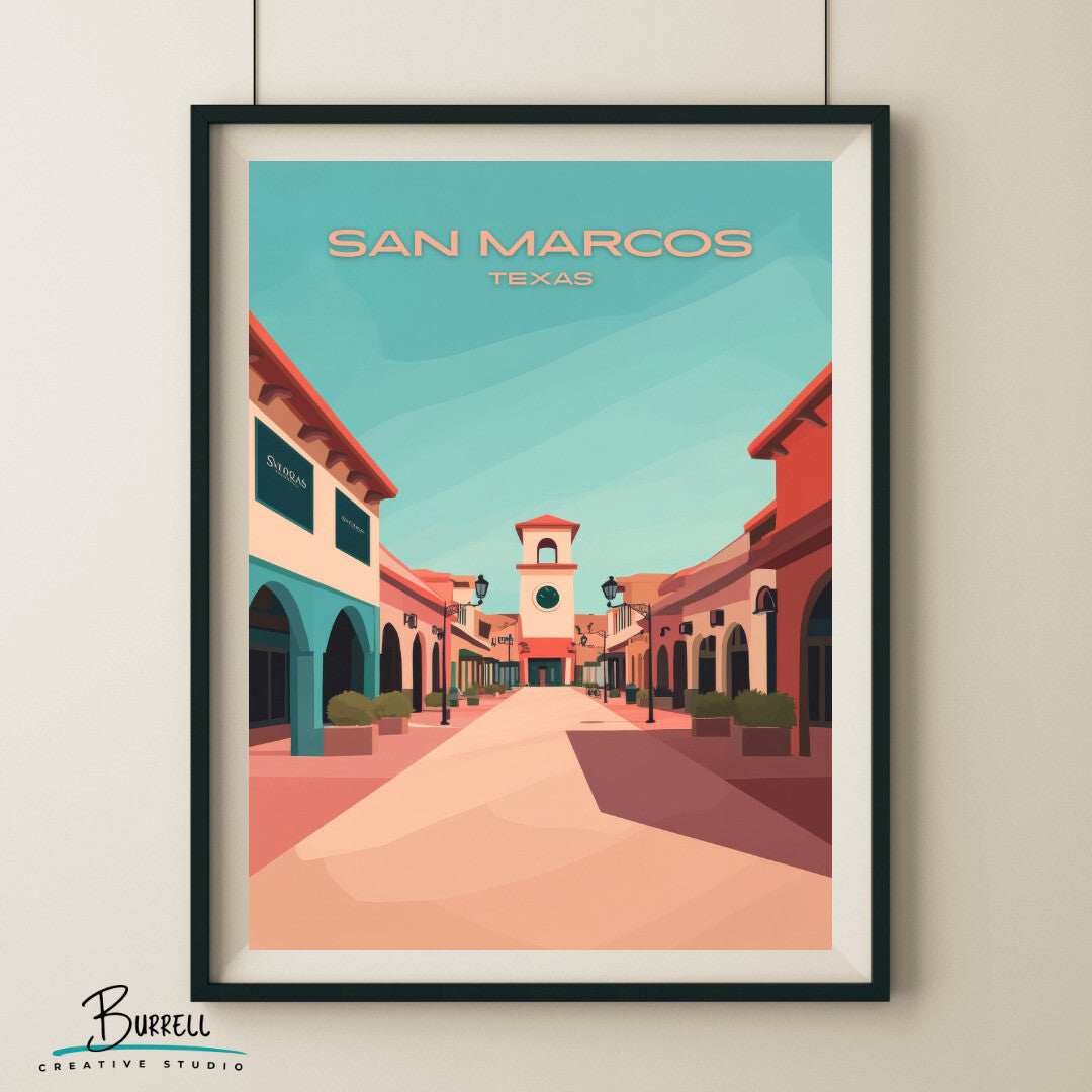 San Marcos Texas Shopping Mall Travel Poster & Wall Art Poster Print