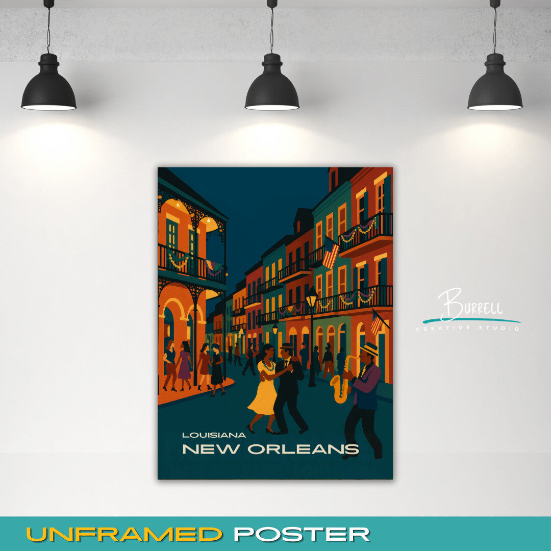 New Orleans Louisiana Festive French Quarters Travel Poster & Wall Art Poster Print