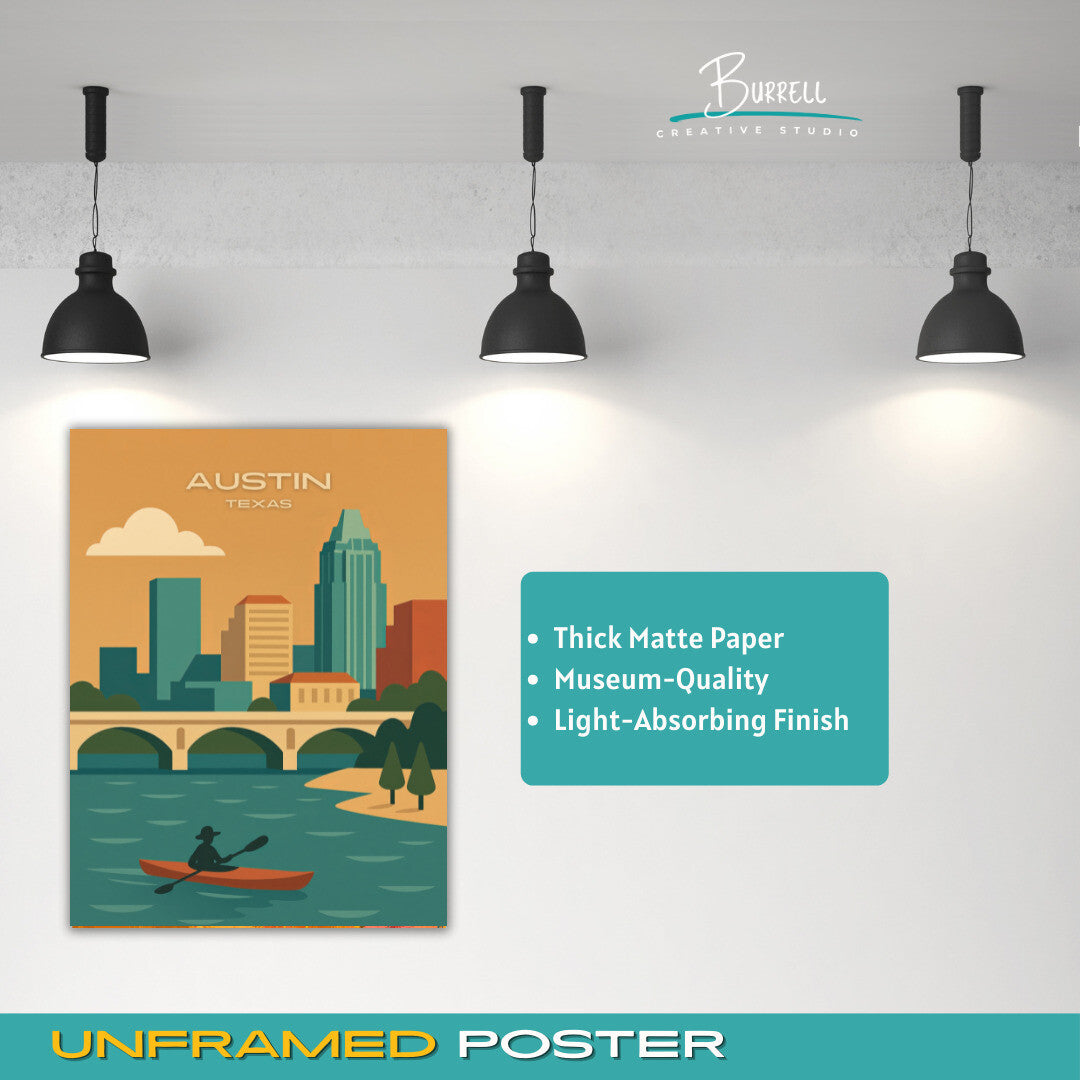 Austin Texas Skyline View Travel Poster & Wall Art Poster Print