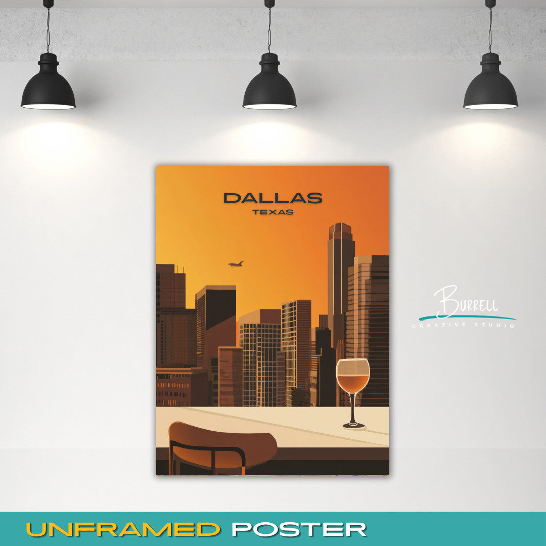 Dallas Texas Scenic Skyline Travel Poster & Wall Art Poster Print