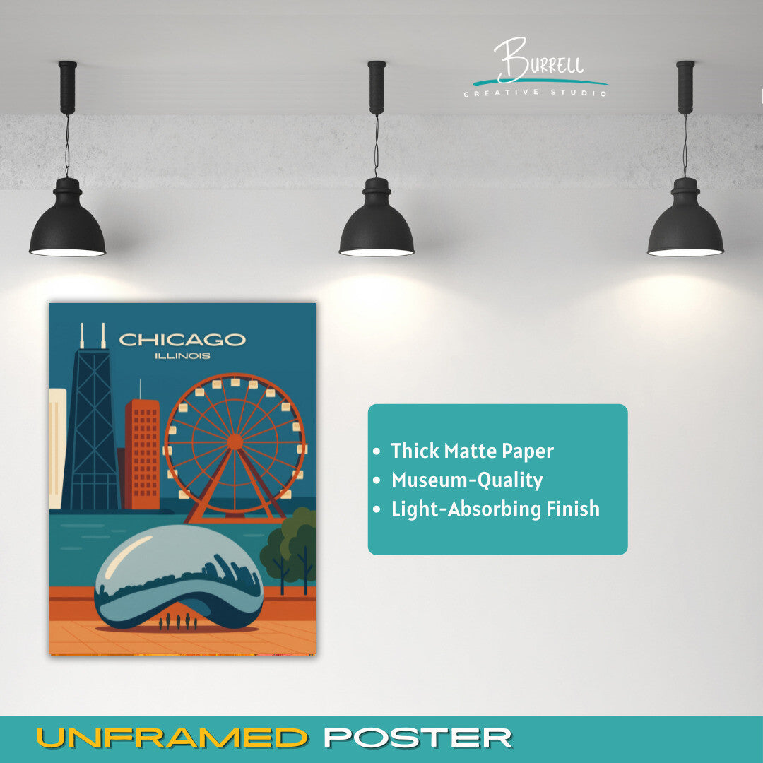 Chicago Illinois Unique Attractions Travel Poster & Wall Art Poster Print