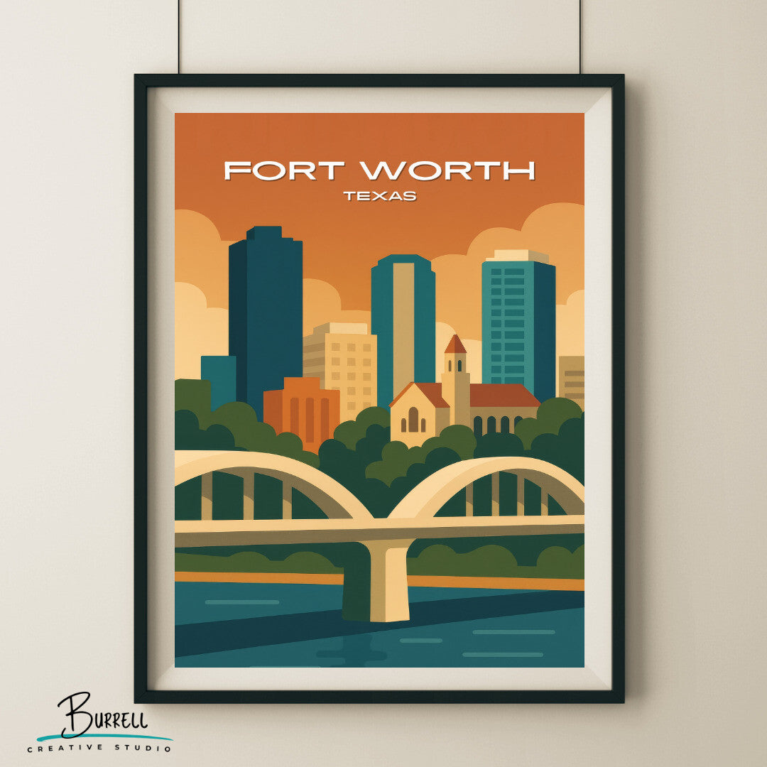 Fort Worth Texas Skyline Travel Poster & Wall Art Poster Print