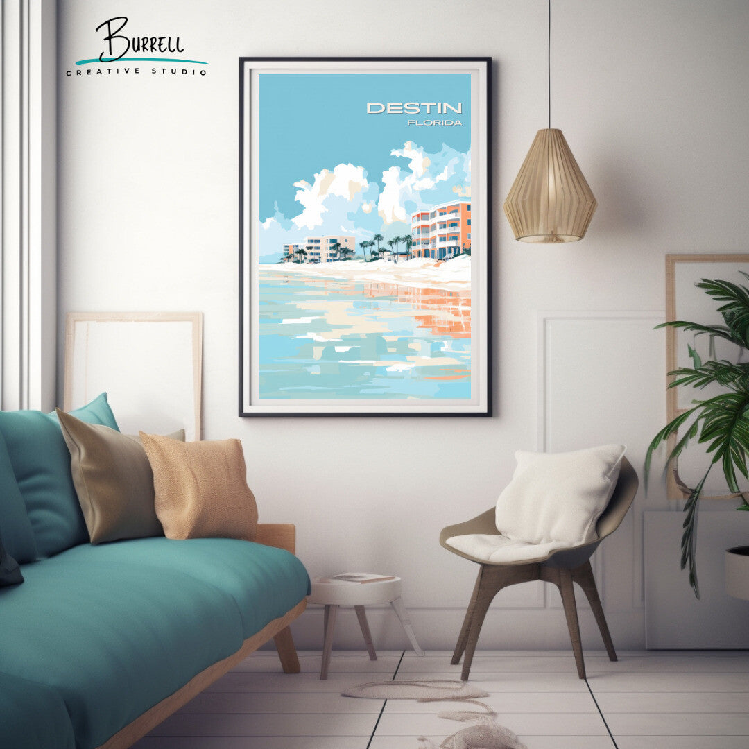 Destin Florida Crystal Sands Beach Travel Poster & Wall Art Poster Print