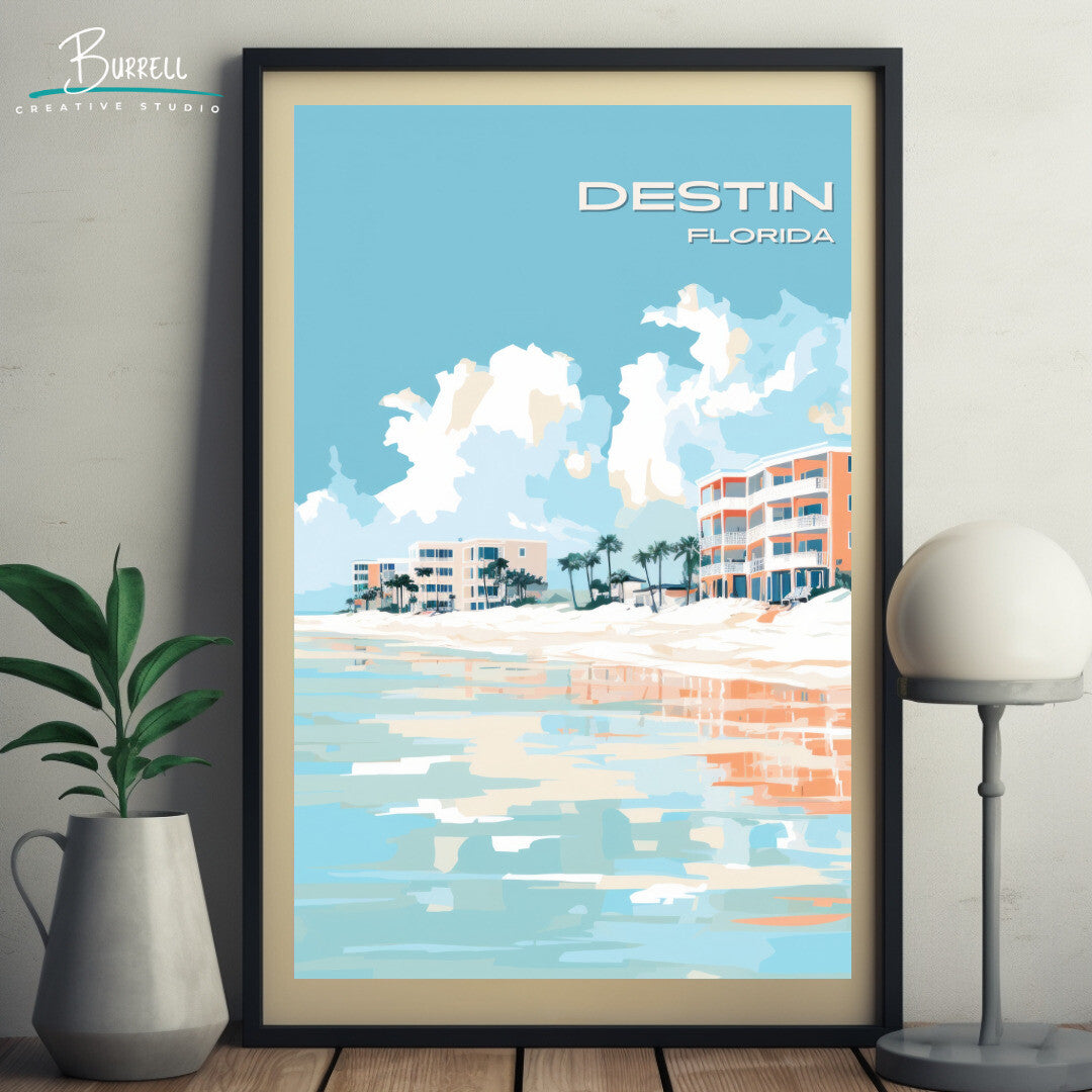 Destin Florida Crystal Sands Beach Travel Poster & Wall Art Poster Print