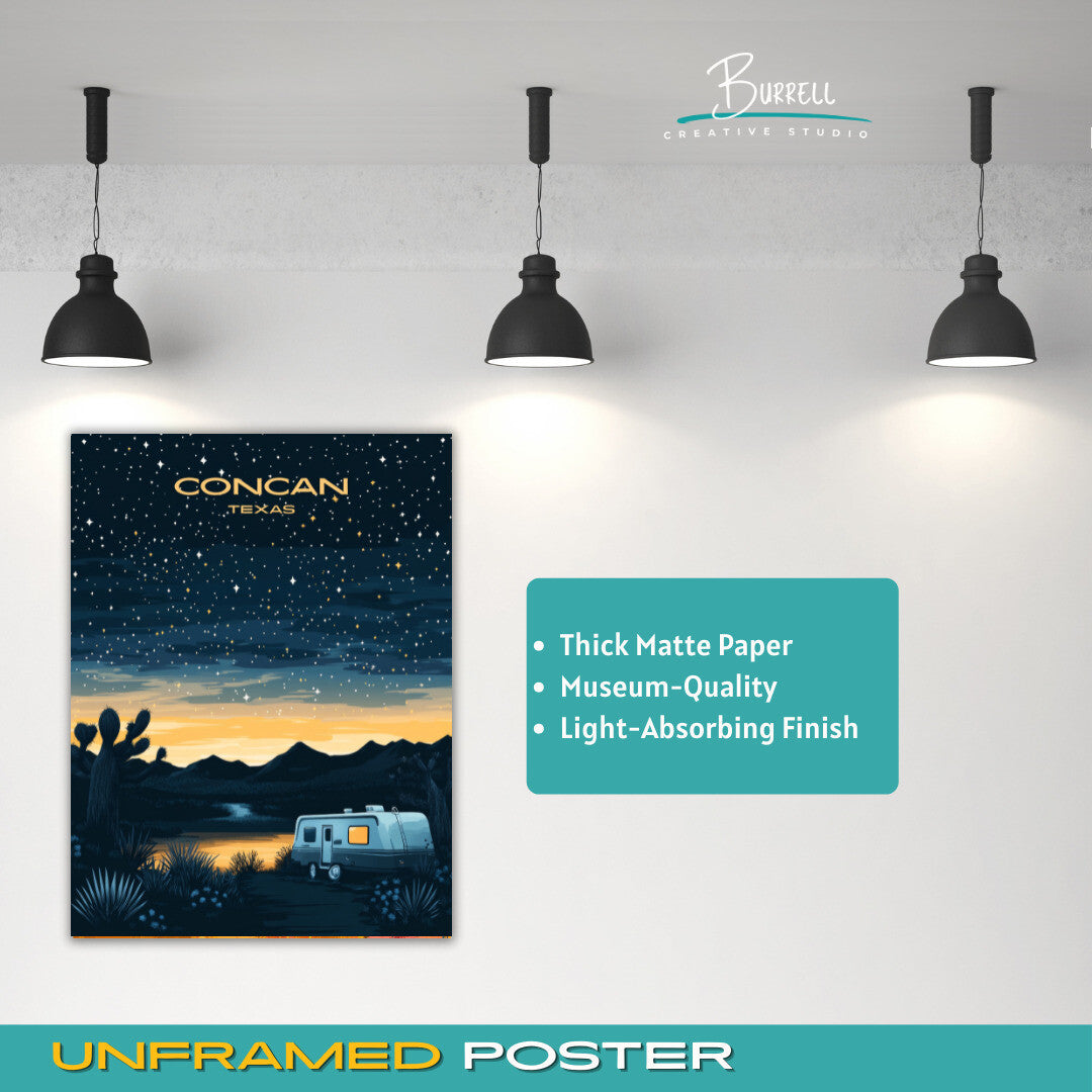 Concan Texas Nighttime Camping Travel Poster & Wall Art Poster Print
